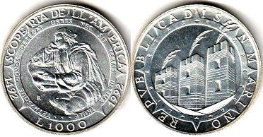 монета Сан-Марино 1000 лир 1992