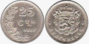 монета Люксембург 25 сантимов 1927