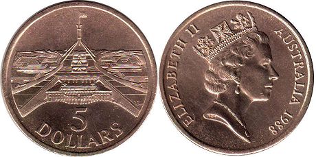 монета Австралия 5 долларов 1988