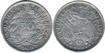 монета Боливия 50 сентаво 1909