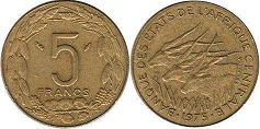 монета Центральноафриканские Государства 5 франков КФА 1975