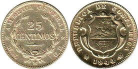 монета Коста Рика 25 сентимо 1944