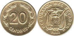 монета Эквадор 20 сентаво 1942