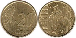 монета Франция 20 евро центов 1999