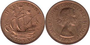 монета Великобритания 1/2 пенни 1953