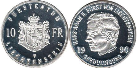 монета Лихтенштейн 10 франков 1990