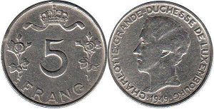 монета Люксембург 5 франков 1949