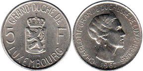 монета Люксембург 5 франков 1962