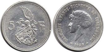монета Люксембург 5 франков 1929