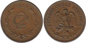 монета Мексика 2 сентаво 1939
