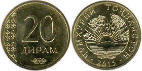 монета Таджикистан 20 дирам 2015