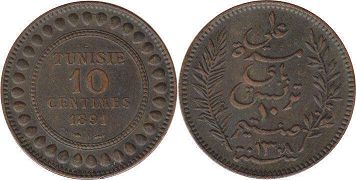 монета Тунис 10 сантимов 1891