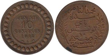 монета Тунис 10 сантимов 1912