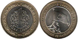 монета Турция 1 лира 2016