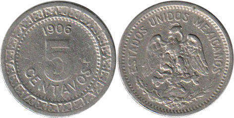 Мексика монета 5 сентаво 1906
