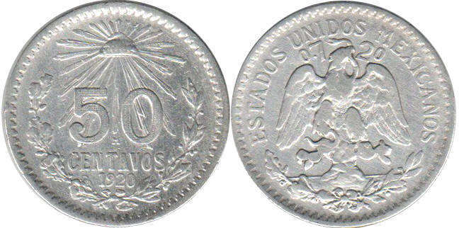 Мексика монета 50 сентаво 1920
