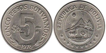 монета Боливия 5 песо 1976