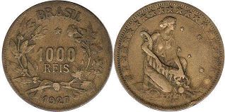 монета Бразилия 1000 рейс 1927