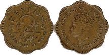 монета Цейлон 2 цента 1944