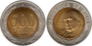 монета Чили 500 песо 2002