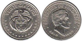 монета Колумбия 20 сентаво 1960