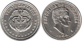 монета Колумбия 20 сентаво 1964