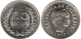 монета Колумбия 20 сентаво 1977