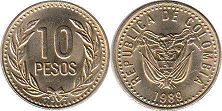 монета Колумбия 10 песо 1989