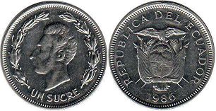 монета Эквадор 1 сукре 1986