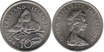 монета Фолклендские Острова 10 пенсов 1974