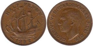 монета Великобритания 1/2 пенни 1952