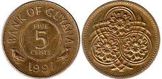 монета Гайана 5 центов 1991