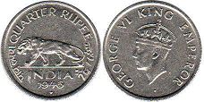 монета Британская Индия 1/4 рупии 1946