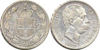 монета Италия 2 лиры 1887