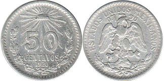 монета Мексика 50 сентаво 1920
