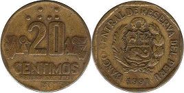 монета Перу 20 сентимо 1991