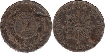 монета Уругвай 2 сентесимо 1869