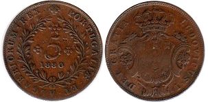 монета Португальские Азоры 5 рейс 1880