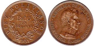 монета Боливия 1 боливар 1951