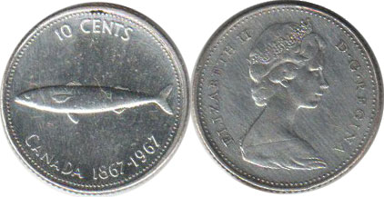 монета canadian юбилейная 10 центов 1967