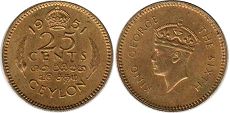монета Цейлон 25 центов 1951