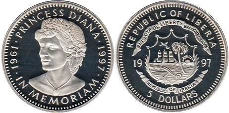 монета Либерия 5 долларов 1997