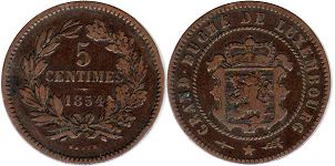 монета Люксембург 5 сантимов 1854