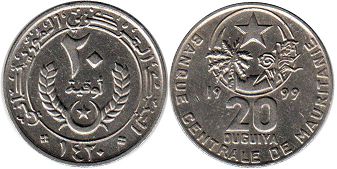 монета Мавритания 20 угий 1999