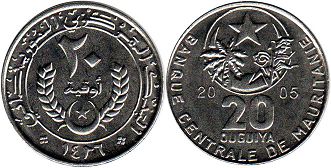 монета Мавритания 20 угий 2005