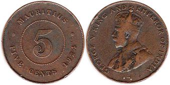 монета Маврикий 5 центов 1924