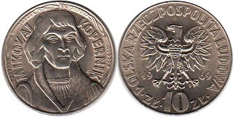 монета Польша 10 злотых 1969