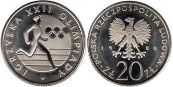 монета Польша 20 злотых 1980