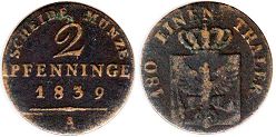 монета Пруссия 2 пфеннига 1839