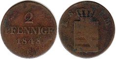 монета Саксония 2 пфеннига 1848